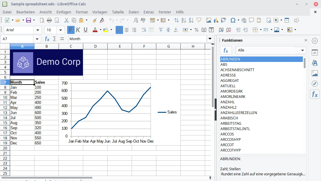 LibreOffice Calc mit einer Tabelle unter Linux