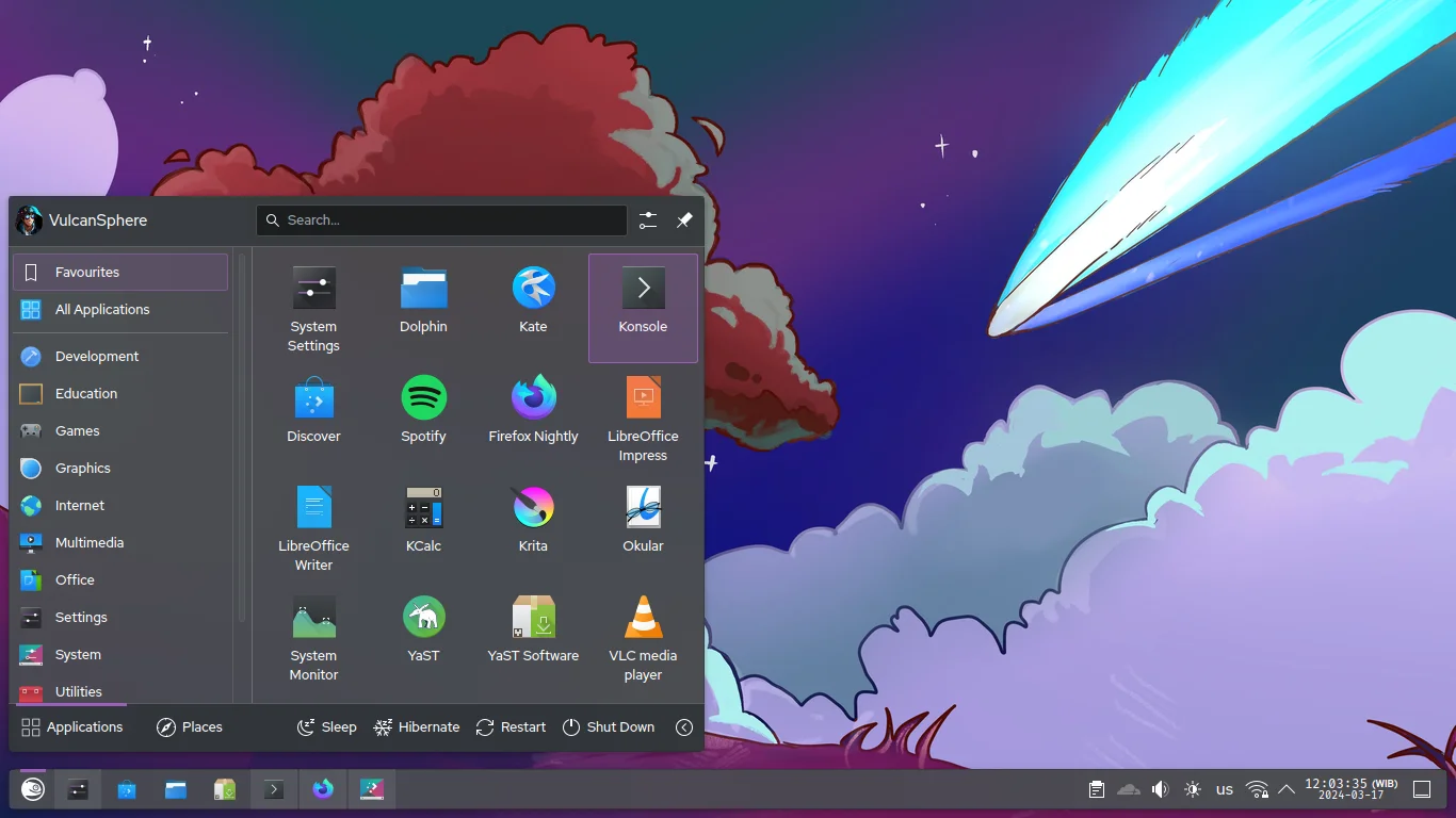 KDE Plasma Desktop mit Startmenü und Taskleiste